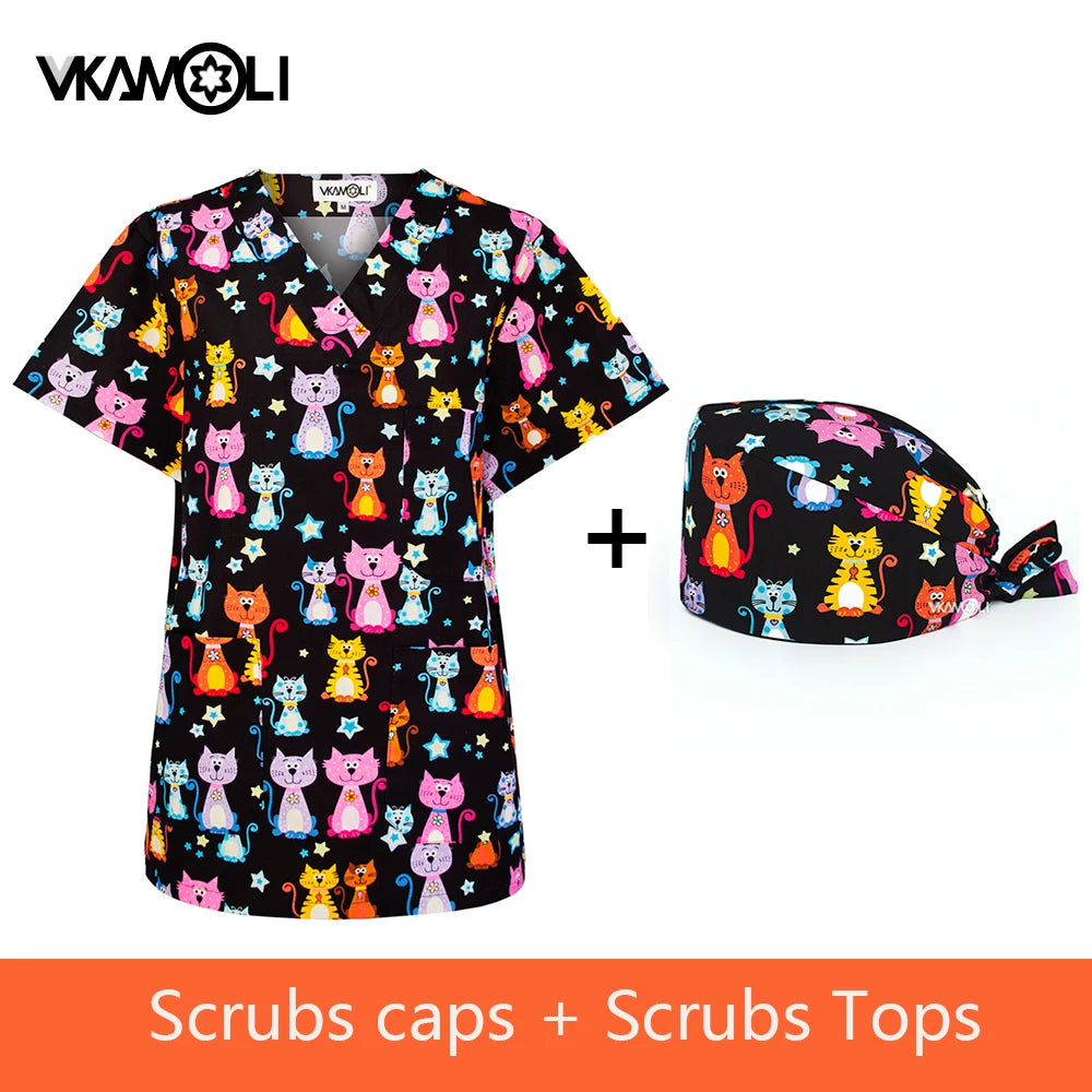Prints in Cats Scrub Tops for Women Scrub T Vet Scrub Uniform in 100% Cotton Hospital Scrubs Tops Nursing Uniform for Unisex
