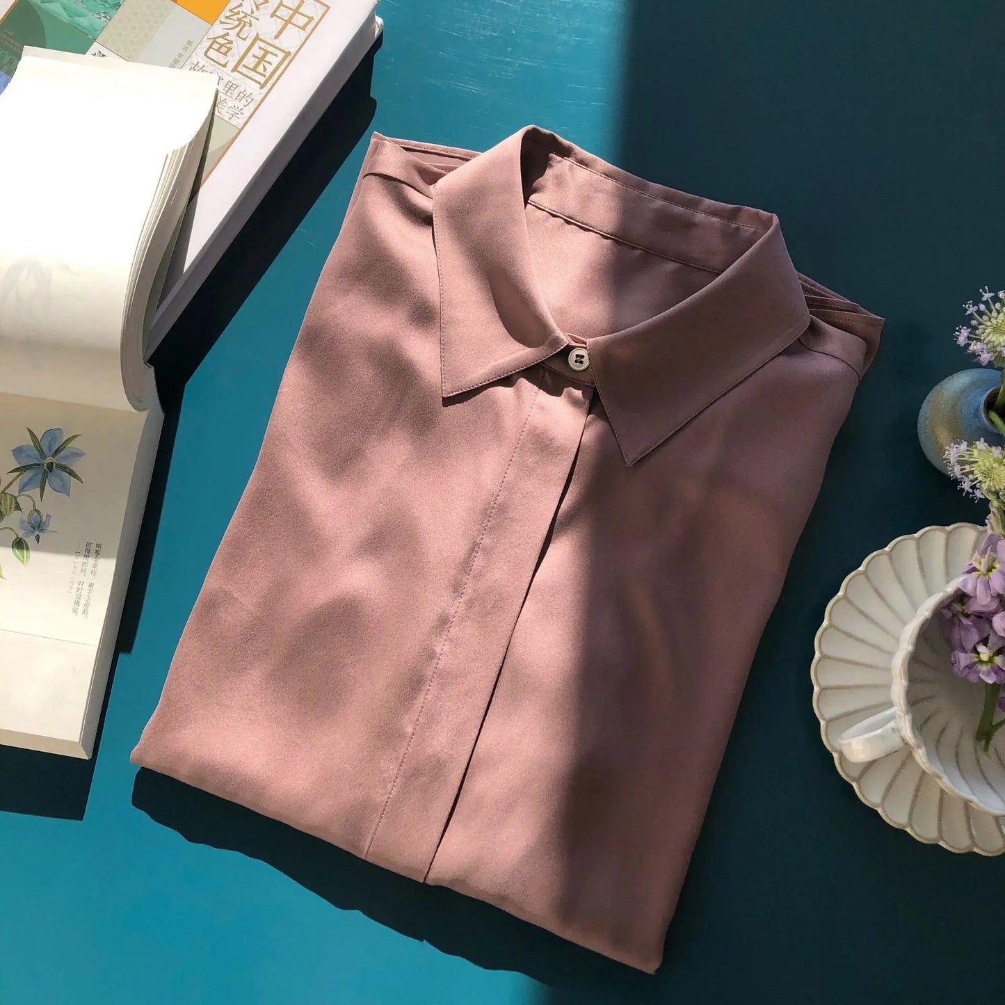 Pure Silk Women Blouses Elegant Streetwear Office Casual Silk 100% Loose Button Clothes Tops Green Long Sleeve OL Work Shirt
