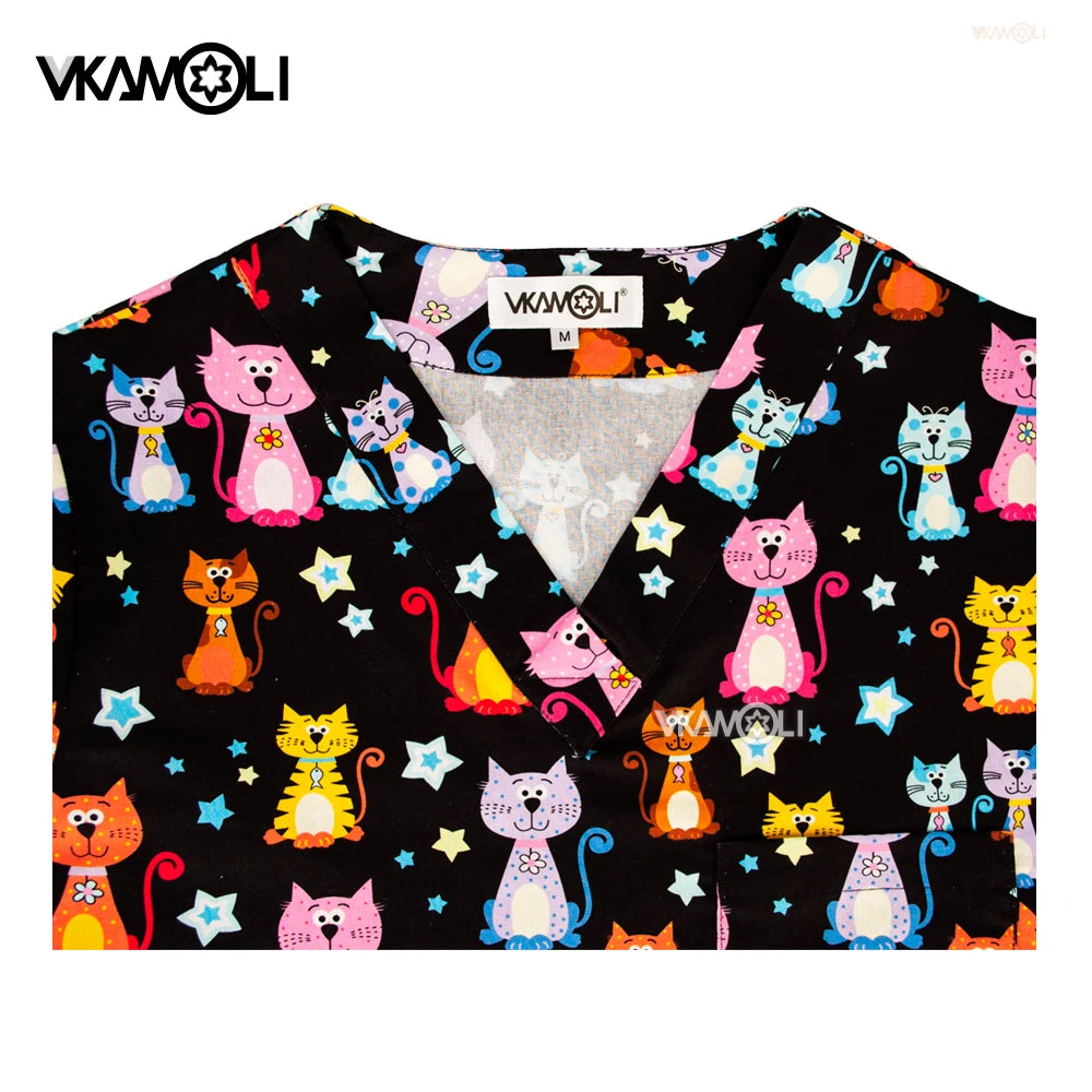 Prints in Cats Scrub Tops for Women Scrub T Vet Scrub Uniform in 100% Cotton Hospital Scrubs Tops Nursing Uniform for Unisex