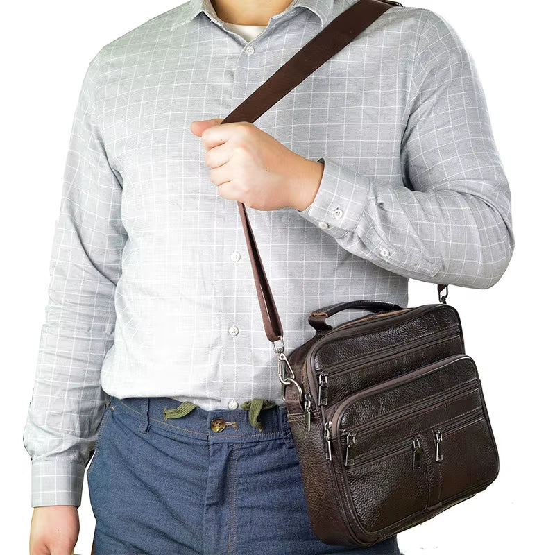 Stylish Coffee Men Genuine Leather Shoulder Bag - Versatile Cowhide Messenger Bag with Zipper Closure for Travel and Everyday Use