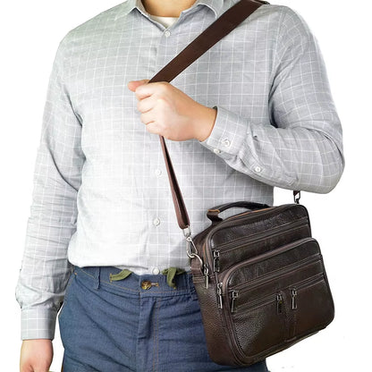 Stylish Coffee Men Genuine Leather Shoulder Bag - Versatile Cowhide Messenger Bag with Zipper Closure for Travel and Everyday Use