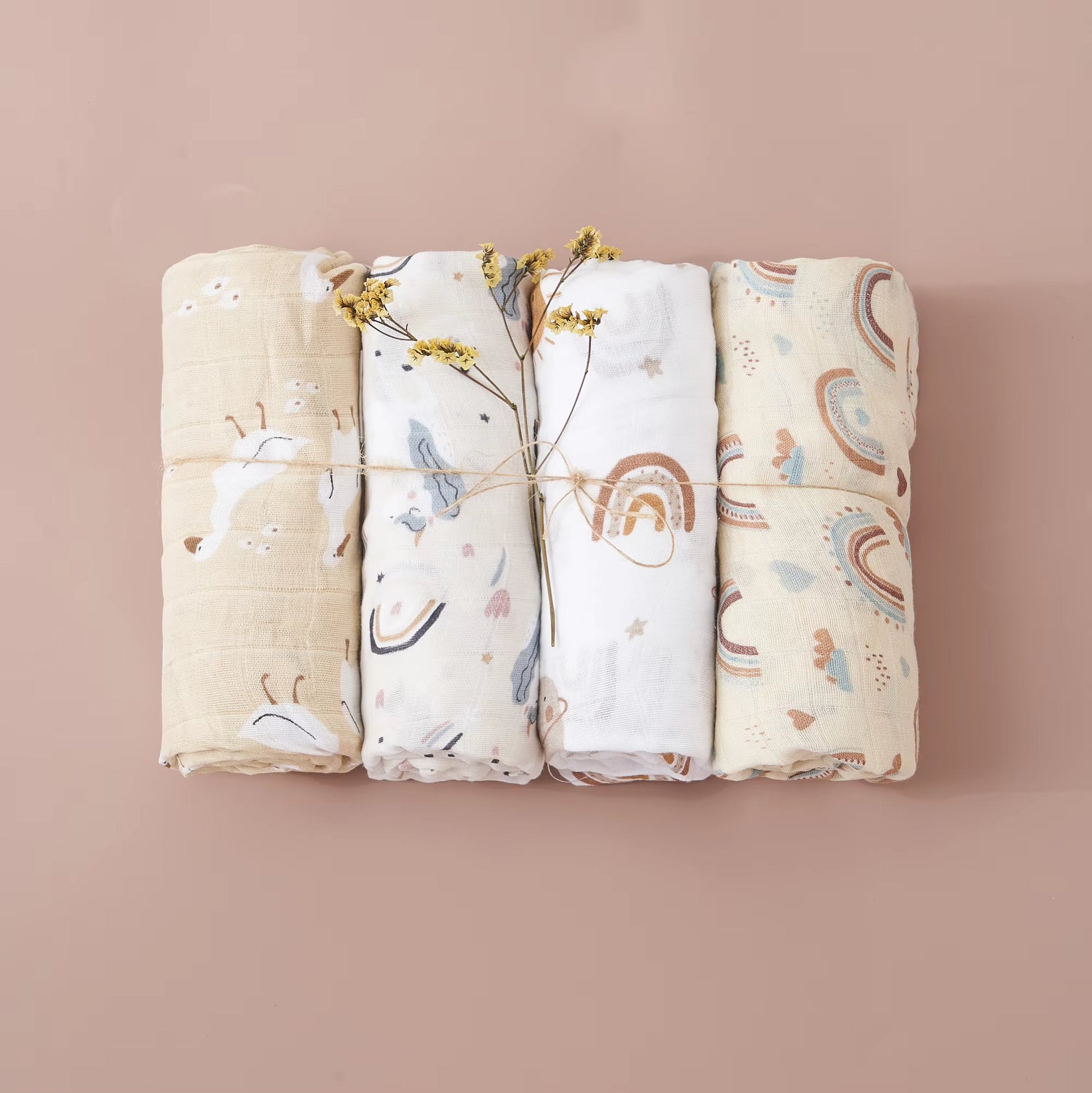 4PCS Gift Set Popular Digital Print Bamboo/100% Cotton Muslin Swaddle Blankets 120*110Cm Newborn Baby Bath Towel Wrap