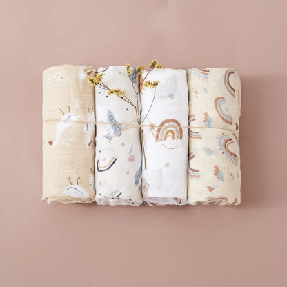 4PCS Gift Set Popular Digital Print Bamboo/100% Cotton Muslin Swaddle Blankets 120*110Cm Newborn Baby Bath Towel Wrap