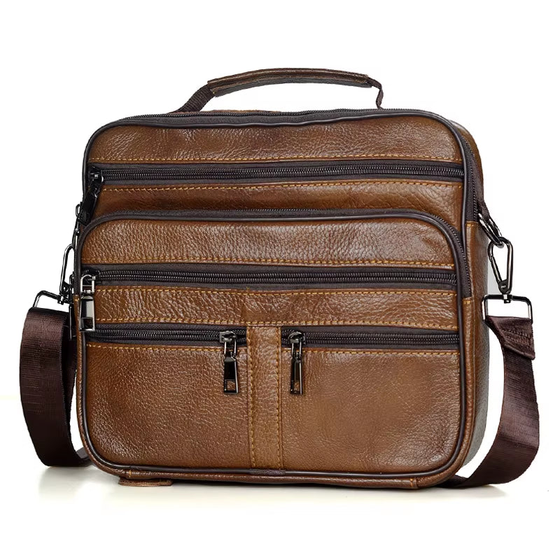Stylish Coffee Men Genuine Leather Shoulder Bag - Versatile Cowhide Messenger Bag with Zipper Closure for Travel and Everyday Use