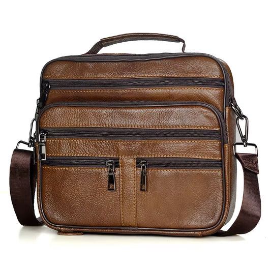 Stylish Coffee Men Genuine Leather Shoulder Bag - Versatile Cowhide Messenger Bag with Zipper Closure for Travel and Everyday Use