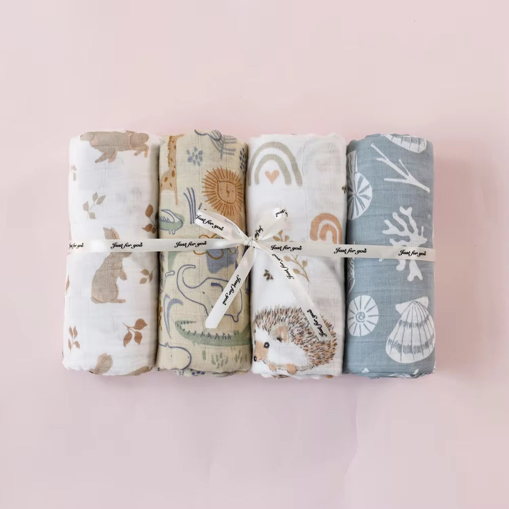 4PCS Gift Set Popular Digital Print Bamboo/100% Cotton Muslin Swaddle Blankets 120*110Cm Newborn Baby Bath Towel Wrap