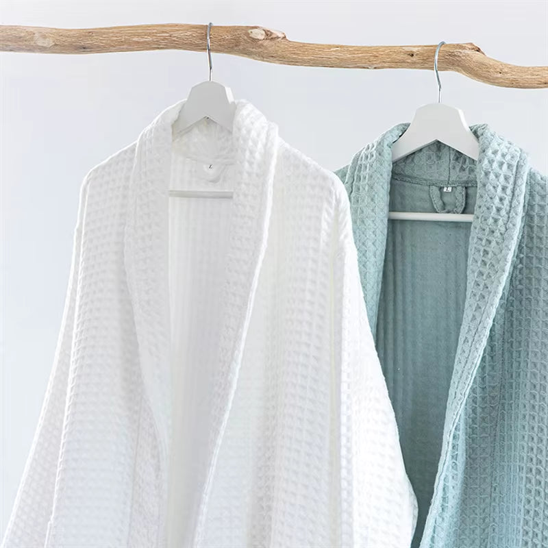 100%Cotton Waffle Kimono Robes Unisex Lovers Soft Bath Robe Menwomen Nightrobe Sleepwear Male Casual Home Bathrobe