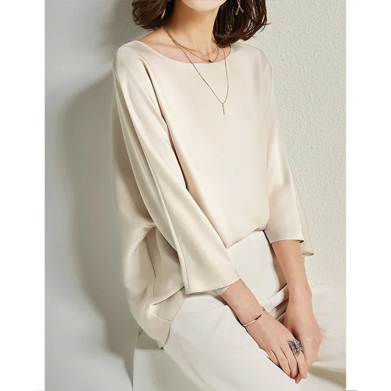 Silk T Shirt Nude Pullover 19 Mm Luxury Stretched Autumn Spring Soie Soft Loose Women Silkki Silke Jedwab Seda Top