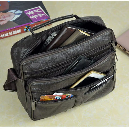 Stylish Coffee Men Genuine Leather Shoulder Bag - Versatile Cowhide Messenger Bag with Zipper Closure for Travel and Everyday Use