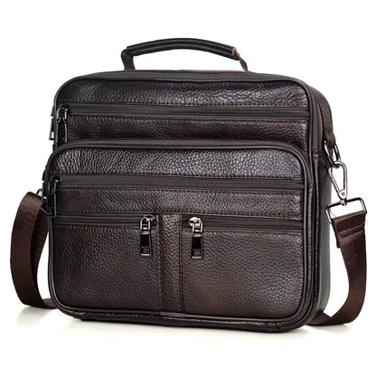 Stylish Coffee Men Genuine Leather Shoulder Bag - Versatile Cowhide Messenger Bag with Zipper Closure for Travel and Everyday Use