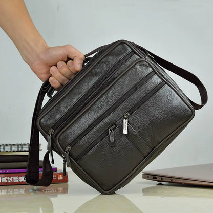 Stylish Coffee Men Genuine Leather Shoulder Bag - Versatile Cowhide Messenger Bag with Zipper Closure for Travel and Everyday Use