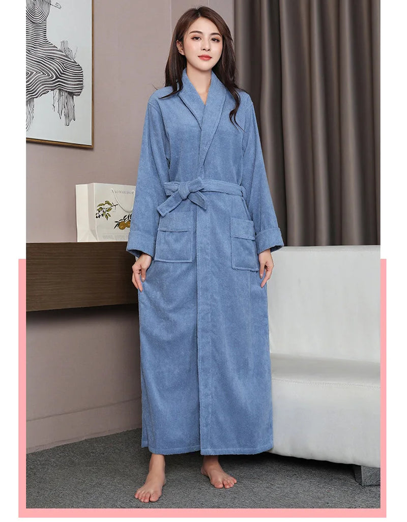 100% Cotton Toweling Terry Extra Long Extra Thick Robe Lovers Bath Robe Men and Women Nightrobe Sleepwear Casual Home Bathrobe