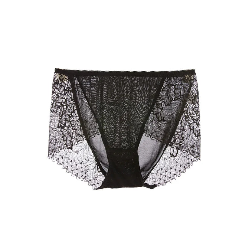 Black Lace Silk Underwear Women 100% Silk Briefs Lace Sexy Comfort Bag Hip Seamless Waist Briefs