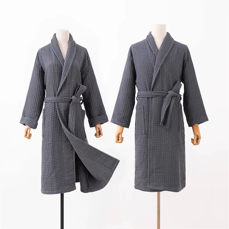 100%Cotton Waffle Kimono Robes Unisex Lovers Soft Bath Robe Menwomen Nightrobe Sleepwear Male Casual Home Bathrobe