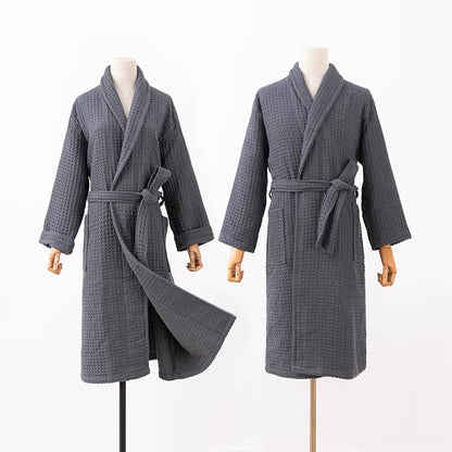 100%Cotton Waffle Kimono Robes Unisex Lovers Soft Bath Robe Menwomen Nightrobe Sleepwear Male Casual Home Bathrobe