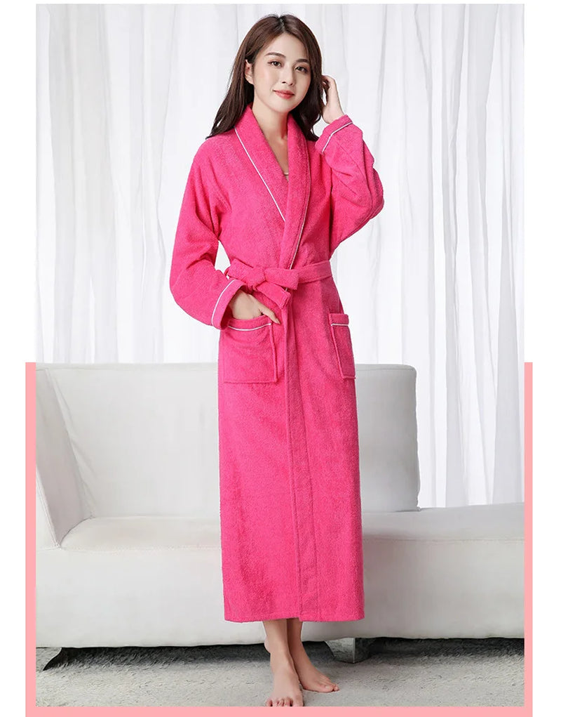 100% Cotton Toweling Terry Extra Long Robe Lovers Soft Bath Robe Men and Women Nightrobe Sleepwear Male Casual Home Bathrobe