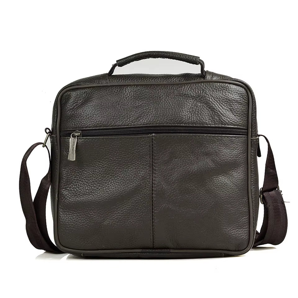 Stylish Coffee Men Genuine Leather Shoulder Bag - Versatile Cowhide Messenger Bag with Zipper Closure for Travel and Everyday Use