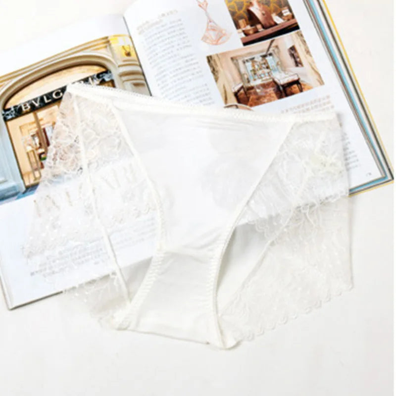 Black Lace Silk Underwear Women 100% Silk Briefs Lace Sexy Comfort Bag Hip Seamless Waist Briefs