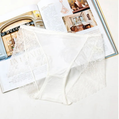 Black Lace Silk Underwear Women 100% Silk Briefs Lace Sexy Comfort Bag Hip Seamless Waist Briefs