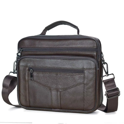 Stylish Coffee Men Genuine Leather Shoulder Bag - Versatile Cowhide Messenger Bag with Zipper Closure for Travel and Everyday Use