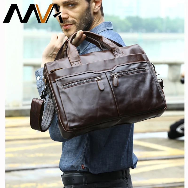 Stylish MVA Men's Genuine Leather Shoulder Bag - Versatile Messenger Tote for 14" Laptops