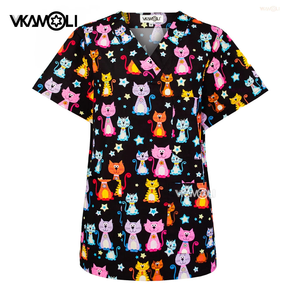 Prints in Cats Scrub Tops for Women Scrub T Vet Scrub Uniform in 100% Cotton Hospital Scrubs Tops Nursing Uniform for Unisex