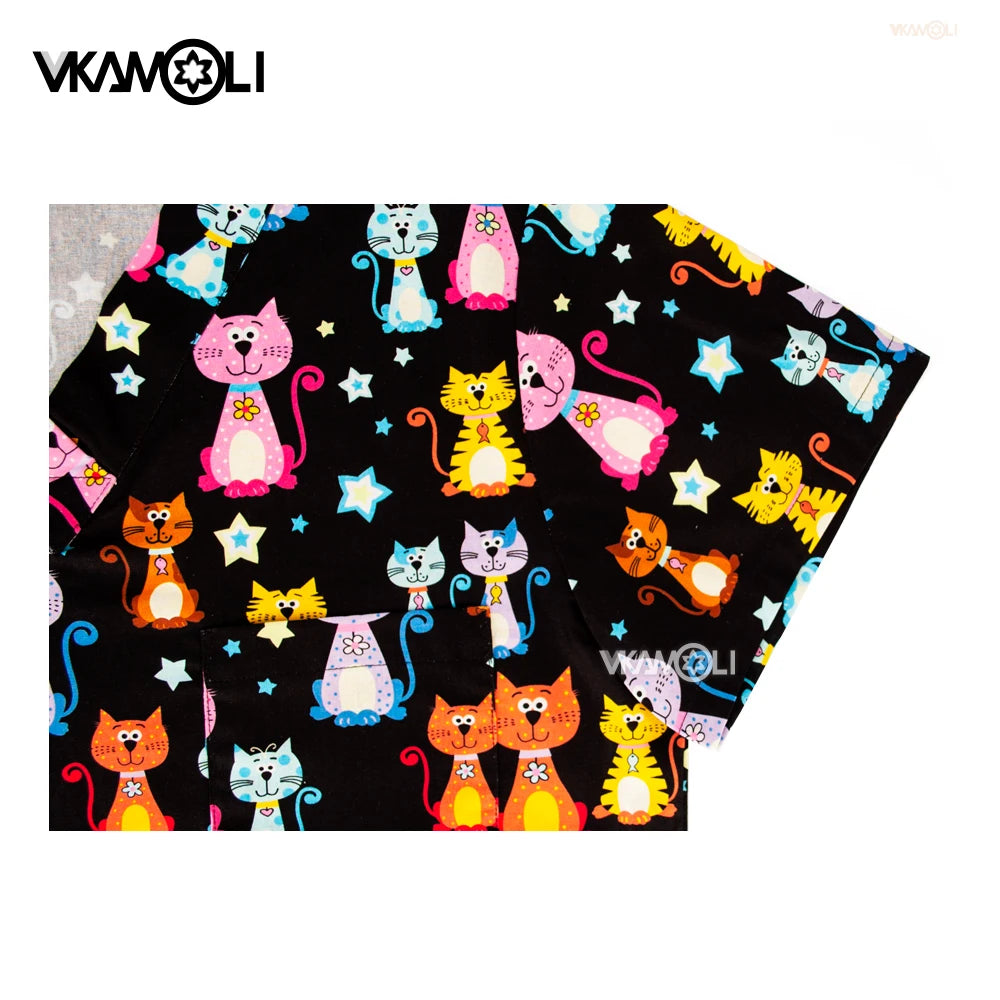 Prints in Cats Scrub Tops for Women Scrub T Vet Scrub Uniform in 100% Cotton Hospital Scrubs Tops Nursing Uniform for Unisex