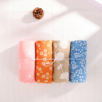 4PCS Gift Set Popular Digital Print Bamboo/100% Cotton Muslin Swaddle Blankets 120*110Cm Newborn Baby Bath Towel Wrap