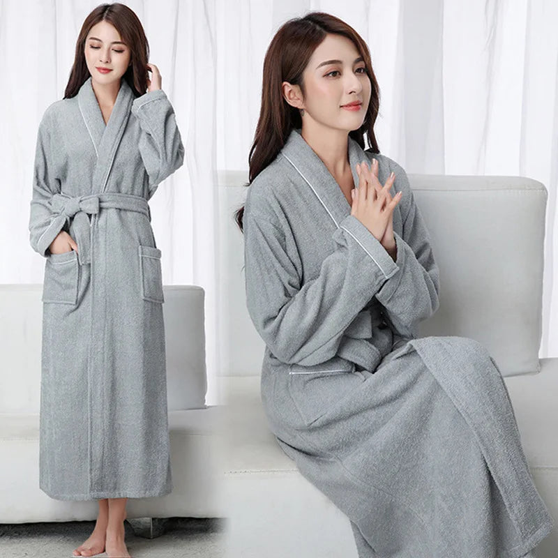 100% Cotton Toweling Terry Extra Long Robe Lovers Soft Bath Robe Men and Women Nightrobe Sleepwear Male Casual Home Bathrobe