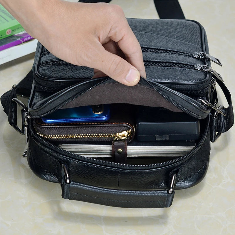Stylish Men's Genuine Leather Briefcase - High-Quality Cowhide Messenger Bag with Zipper Closure for iPad and Daily Use