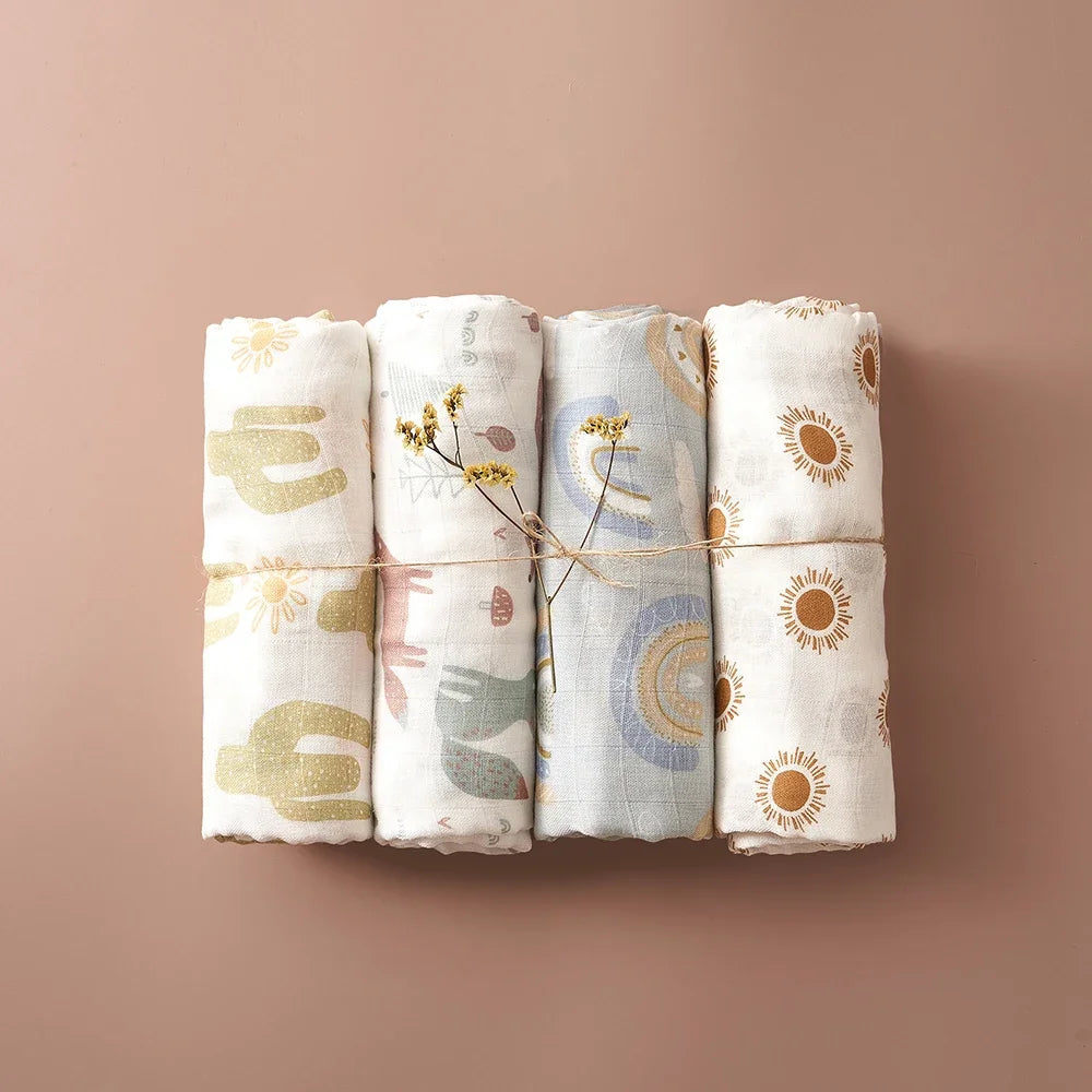 4PCS Gift Set Popular Digital Print Bamboo/100% Cotton Muslin Swaddle Blankets 120*110Cm Newborn Baby Bath Towel Wrap