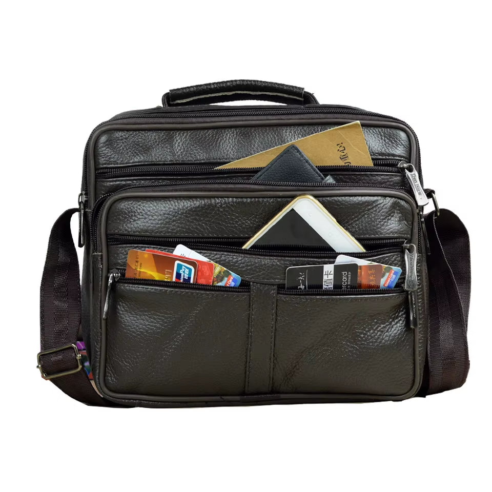 Stylish Coffee Men Genuine Leather Shoulder Bag - Versatile Cowhide Messenger Bag with Zipper Closure for Travel and Everyday Use