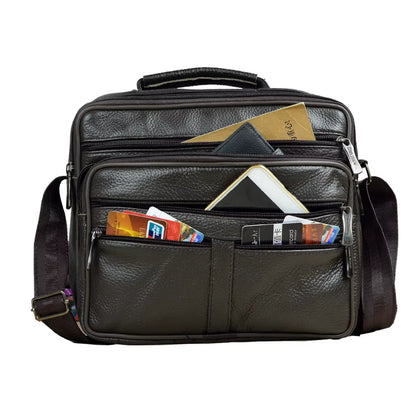 Stylish Coffee Men Genuine Leather Shoulder Bag - Versatile Cowhide Messenger Bag with Zipper Closure for Travel and Everyday Use