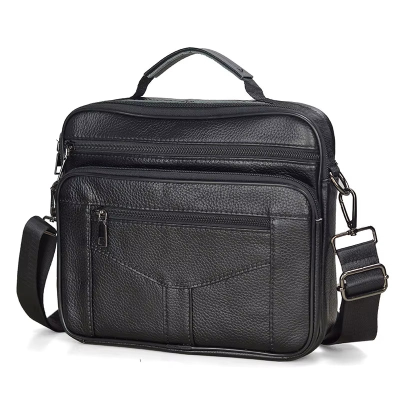 Stylish Coffee Men Genuine Leather Shoulder Bag - Versatile Cowhide Messenger Bag with Zipper Closure for Travel and Everyday Use