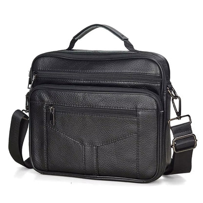 Stylish Coffee Men Genuine Leather Shoulder Bag - Versatile Cowhide Messenger Bag with Zipper Closure for Travel and Everyday Use