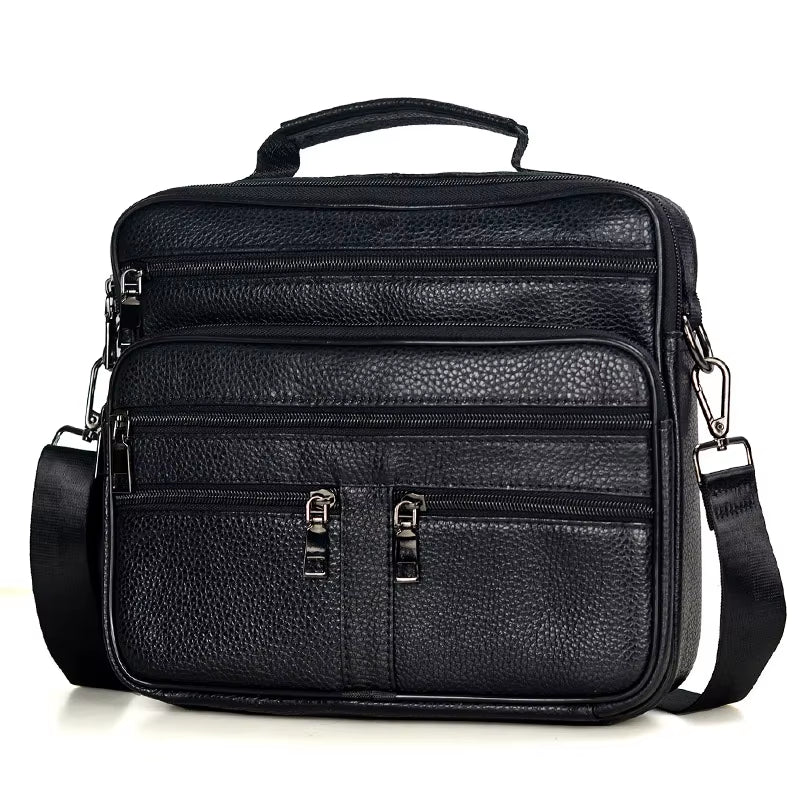 Stylish Coffee Men Genuine Leather Shoulder Bag - Versatile Cowhide Messenger Bag with Zipper Closure for Travel and Everyday Use