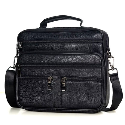 Stylish Coffee Men Genuine Leather Shoulder Bag - Versatile Cowhide Messenger Bag with Zipper Closure for Travel and Everyday Use