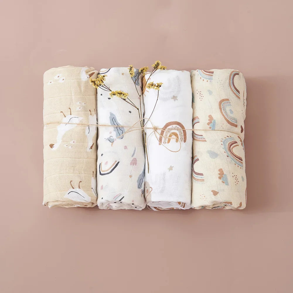 4PCS Gift Set Popular Digital Print Bamboo/100% Cotton Muslin Swaddle Blankets 120*110Cm Newborn Baby Bath Towel Wrap