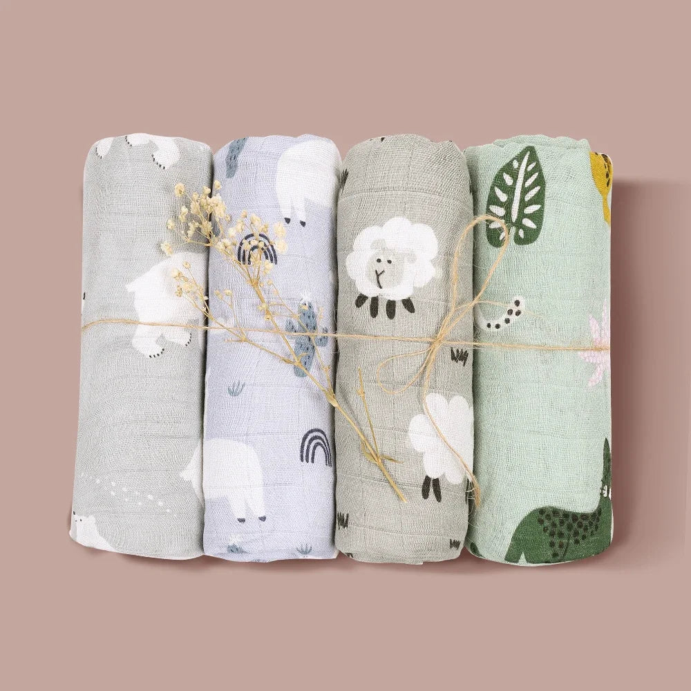 4PCS Gift Set Popular Digital Print Bamboo/100% Cotton Muslin Swaddle Blankets 120*110Cm Newborn Baby Bath Towel Wrap