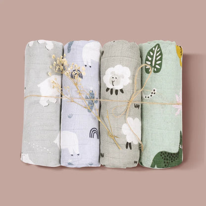 4PCS Gift Set Popular Digital Print Bamboo/100% Cotton Muslin Swaddle Blankets 120*110Cm Newborn Baby Bath Towel Wrap