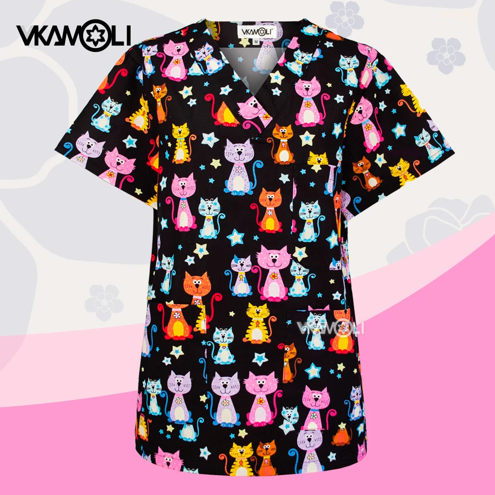 Prints in Cats Scrub Tops for Women Scrub T Vet Scrub Uniform in 100% Cotton Hospital Scrubs Tops Nursing Uniform for Unisex