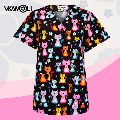 Prints in Cats Scrub Tops for Women Scrub T Vet Scrub Uniform in 100% Cotton Hospital Scrubs Tops Nursing Uniform for Unisex