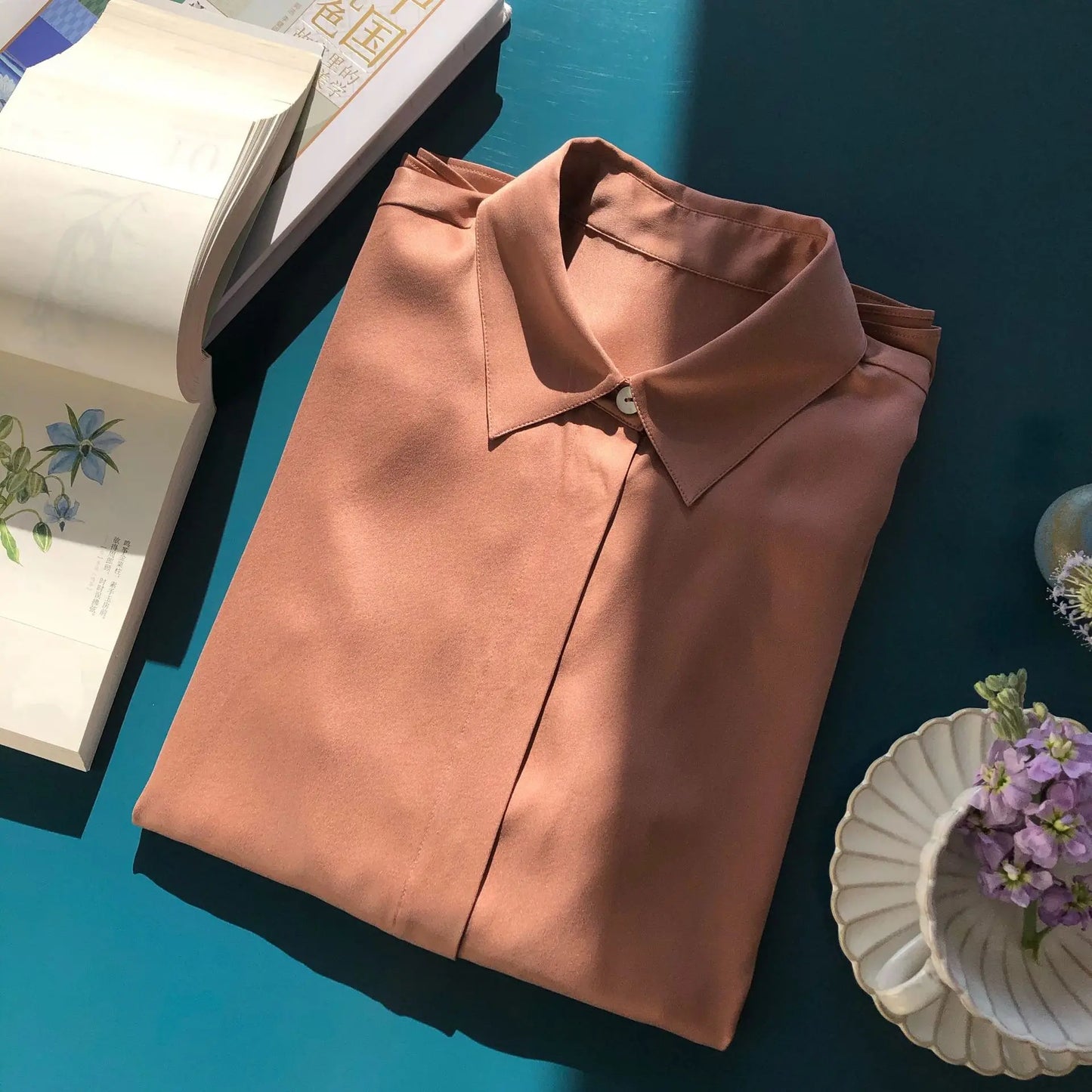 Pure Silk Women Blouses Elegant Streetwear Office Casual Silk 100% Loose Button Clothes Tops Green Long Sleeve OL Work Shirt