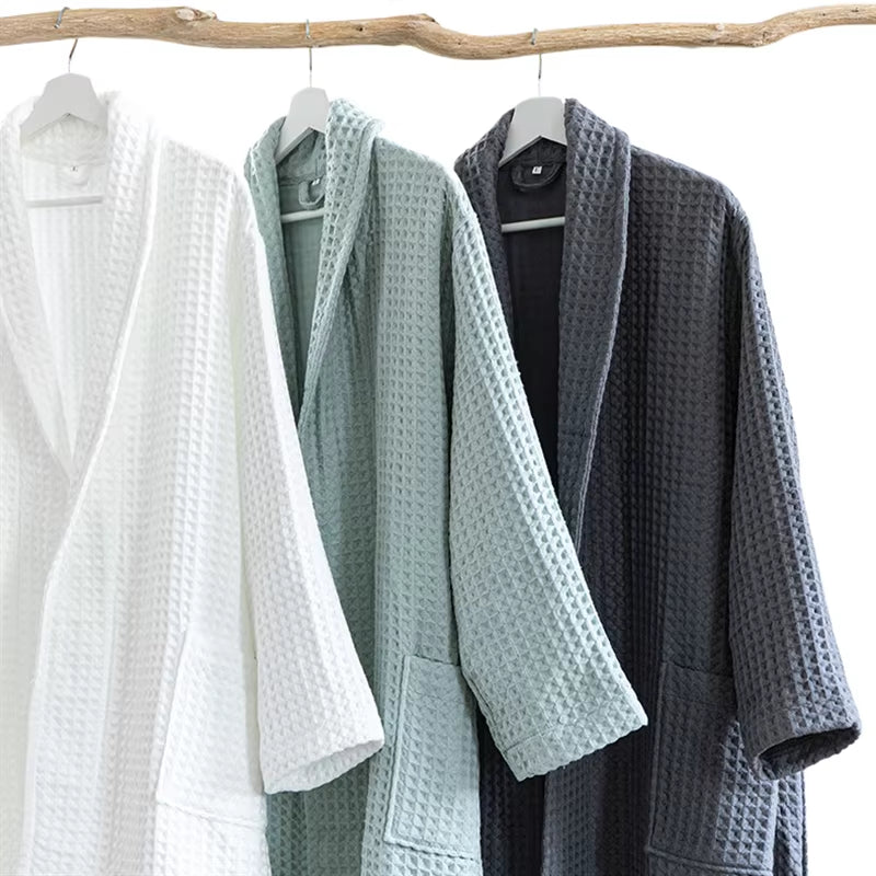 100%Cotton Waffle Kimono Robes Unisex Lovers Soft Bath Robe Menwomen Nightrobe Sleepwear Male Casual Home Bathrobe